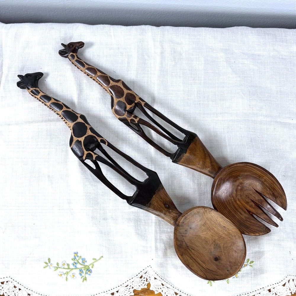 Hand Carved Wooden Giraffe Salad Servers Set Serving Spoon and Fork Safari Art